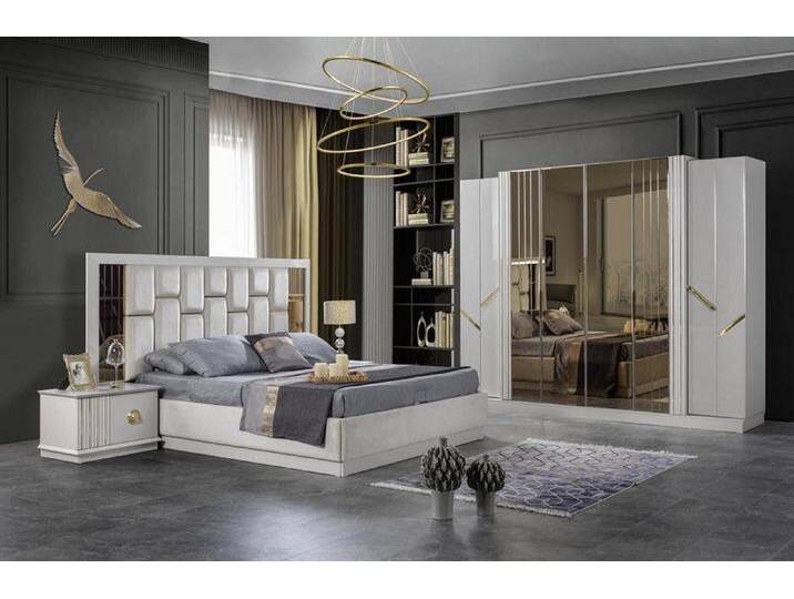 JVmoebel Schlafzimmer-Set Designer Weiß Schlafzimmer Set Bett 2x Nachttische Kleiderschrank, (4-tlg., 4tlg Set (Bett +2x Nachttische+Kleiderschrank) von OTTO