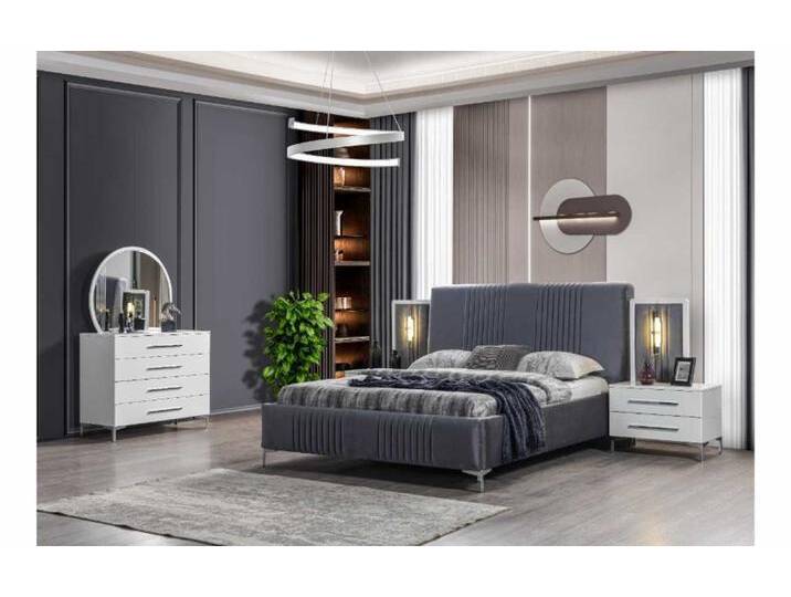 JVmoebel Schlafzimmer-Set Elegantes Schlafzimmer Set in Grau mit Holzbett und Nachttischen, (5-tlg., Nur Bett + 2x Nachttische + Kommode + Spiegel) von OTTO