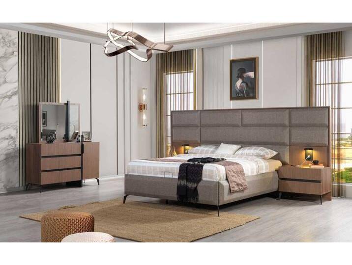 JVmoebel Schlafzimmer-Set Exklusives 5-teiliges Set: Spiegel, Kommode und Bett in Grau-Braun, (5-tlg., Nur Bett + 2x Nachttische + Kommode + Spiegel) von OTTO