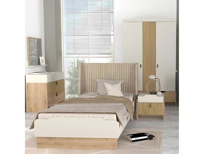 JVmoebel Schlafzimmer-Set Jugendzimmer Set Bett Nachttisch Kleiderschrank Kommode Spiegel 5tlg, (Schlafzimmer-Set), Made in Europa, beige von OTTO