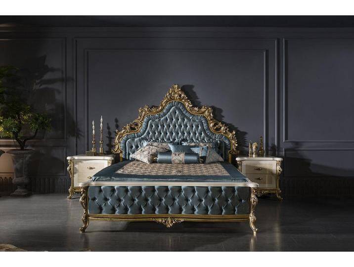 JVmoebel Schlafzimmer-Set Klassisches Chesterfield Bett Schlafzimmer Set Blau 2x Nachttische, (3-tlg., Bett mit x2 Nachttischen), Made in Europa, blau von OTTO