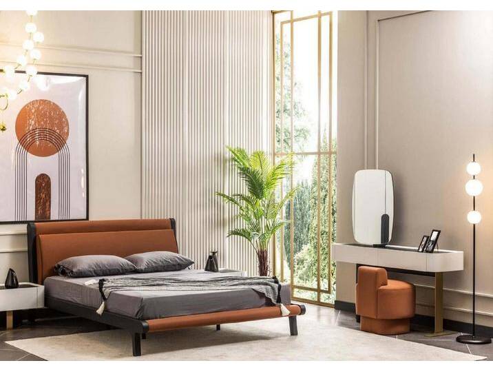 JVmoebel Schlafzimmer-Set Komplette Schlafzimmer Doppelbett Bett Nachttische Orange Konsole 5tlg, (5-tlg., 1x Bett + 2x Nachttische + 1x Konsole + 1x Spiegel + 1x Puff) von OTTO