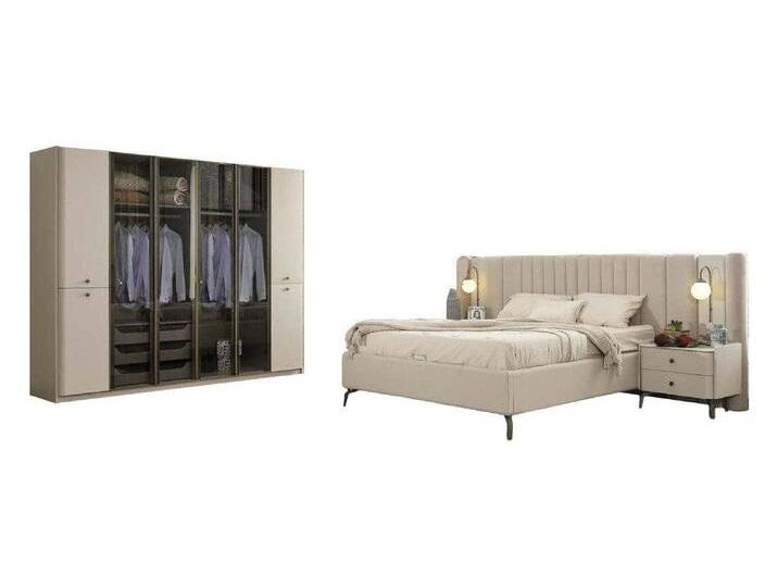 JVmoebel Schlafzimmer-Set Moderne Schlafzimmer Möbel Designer Bett Holz 2x Nachttische, (4-tlg., Bett + 2x Nachttische + Kleiderschrank) von OTTO