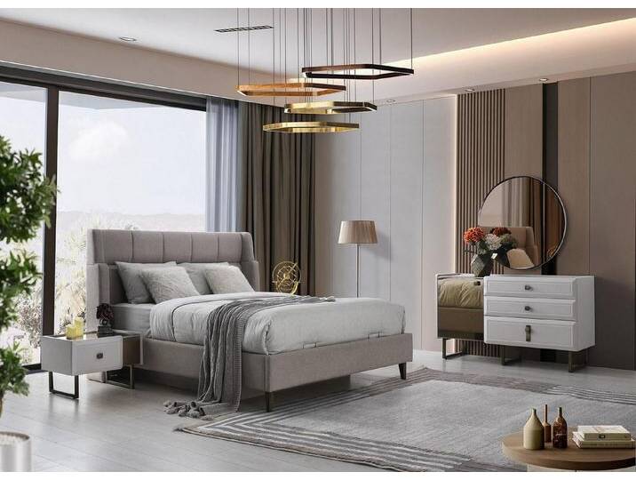 JVmoebel Schlafzimmer-Set Moderne Schlafzimmer Möbel Garnitur Bett Luxuriöse Kommode 5tlg, (5-tlg., Bett + 2xNachttische + Kommode + Spiegel) von OTTO