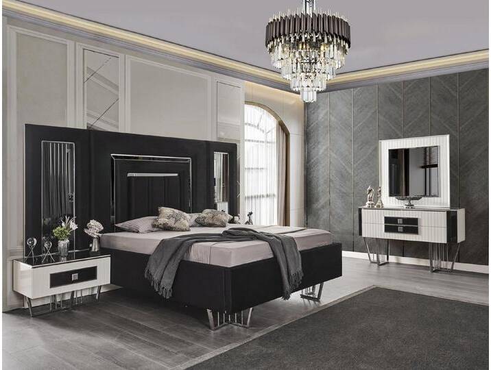 JVmoebel Schlafzimmer-Set Möbel Luxus Bett Textil mit Nachttischen Kommode Spiegel 5tlg., (5-tlg), Made in Europa, schwarz von OTTO