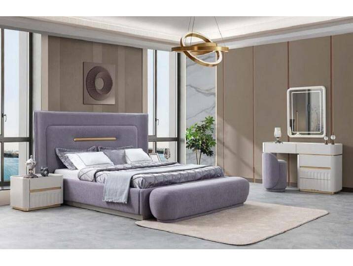 JVmoebel Schlafzimmer-Set Schlafzimmer Bett Sitzbank Nachttische Schminktisch Pouf Spiegel, (7-tlg., Schlafzimmer-Set), Made in Europa, lila von OTTO
