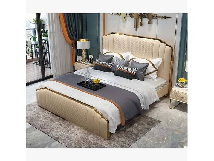 JVmoebel Schlafzimmer-Set Schlafzimmer Lederbett 3tlg. Set 2x Nachttisch Betten Möbel Konsole, Made in Europa, beige, Beige von OTTO