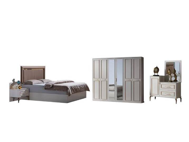 JVmoebel Schlafzimmer-Set Schlafzimmer Set 6tlg Modern Beige Bett Nachttisch Schminktisch Sch..., (6-tlg., Bett, 2x Nachttische, Schminktisch, Kleiderschrank) von OTTO
