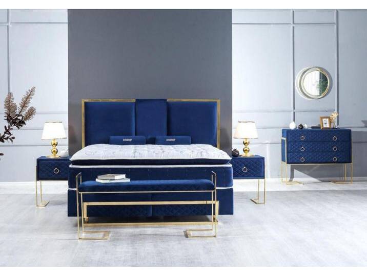 JVmoebel Schlafzimmer-Set Schlafzimmer Set Bett Blau Hocker Kommode Design Luxus 2x Nachttische, (5-tlg., Bett,Hocker,Kommode, 2x Nachttisch) von OTTO