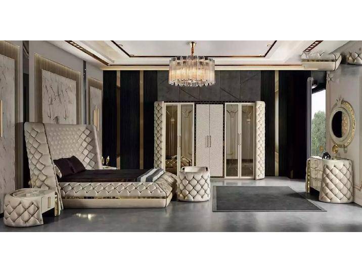 JVmoebel Schlafzimmer-Set Schlafzimmer Set Chesterfield Möbel Design Bett Kleiderschrank Spiegel, (7-tlg., Bett/Kleiderschrank/2x Nachttische/Schminktisch/Spiegel/Hocker) von OTTO