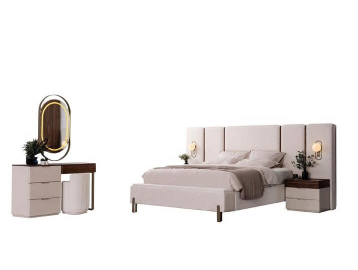 JVmoebel Schlafzimmer-Set Schlafzimmer Set Komplettes Bett 2x Nachttisch Schminktisch 4tlg, (6-tlg., Bett mit Bank/2x-Nachttische/Schminktisch/Spiegel/Hocker) von OTTO