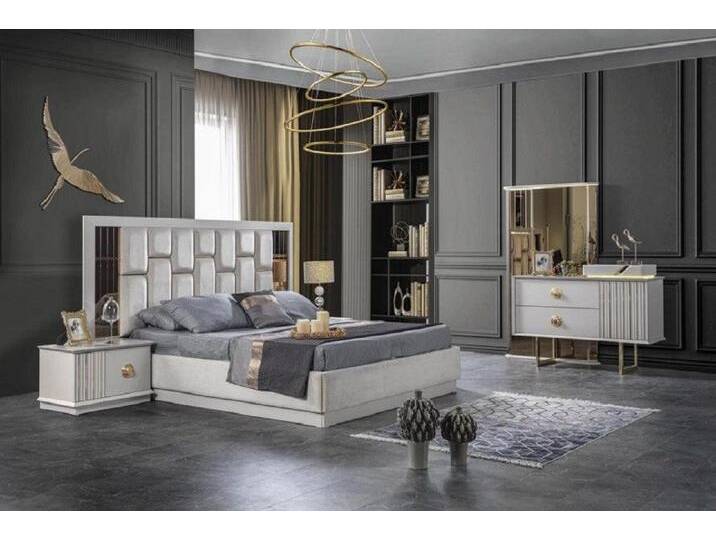 JVmoebel Schlafzimmer-Set Schlafzimmer Weiß Komplettes Bett 2 Nachttische Kommode mit Spiegel, (4-tlg., 4tlg Set (Bett +2x Nachttische+Kommode mit Spiegel) von OTTO