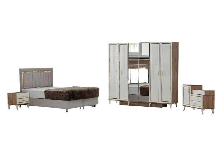 JVmoebel Schlafzimmer-Set Weiß-Goldene Schlafzimmer Garnitur Schlafbett Kleiderschrank Kommode, (5-tlg., Bett/2x Nachttische/Kleiderschrank/Kommode) von OTTO