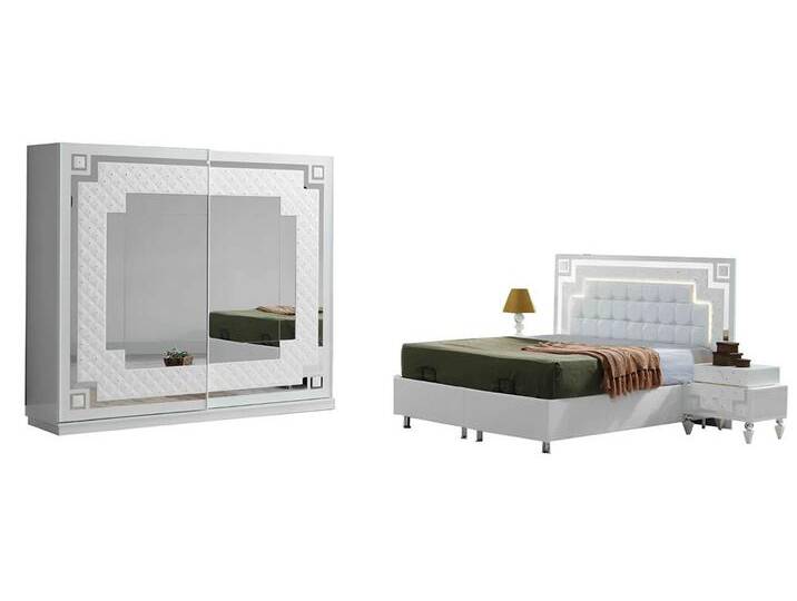 JVmoebel Schlafzimmer-Set Weiße Schlafzimmer Garnitur Designer Bett 2x Nachttische Glasschrank, (Set 4tlg Schlafzimmer (Bett + 2x Nachttische + Kleiderschrank) von OTTO