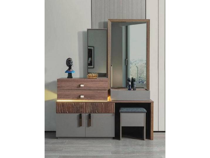 JVmoebel Schminktisch Braun-Graue Kommode mit Spiegel und gepolsterter Sitzbank (2-St., Kommode mit Spiegel/Hocker), Made in Europa, braun von OTTO