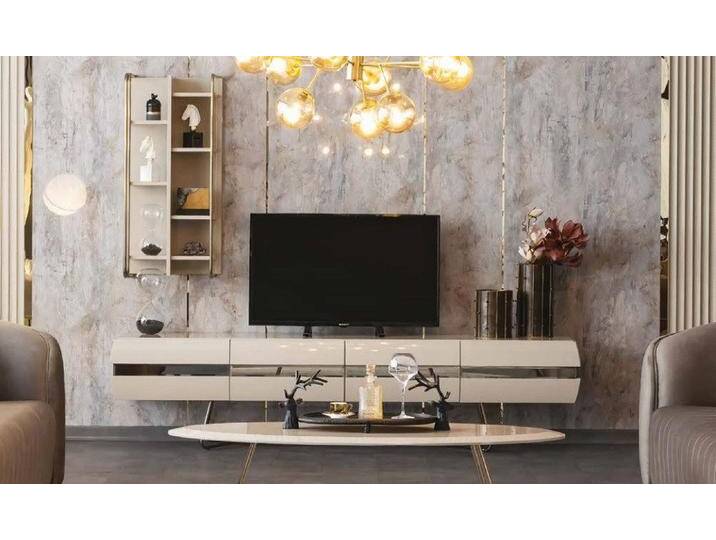 JVmoebel Wohnwand Fernsehschrank Sideboard Wandschrank TV Lowboard Hochglanz modern, (2-St., Sideboard + Wandschrank), Made in Europa, beige von OTTO