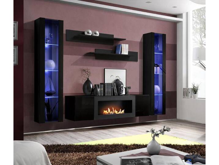 JVmoebel Wohnwand Komplett Set 5tlg Luxus Wohnwand Schwarz Designer Hänge Vitrine Holz, (6-St., 1x Wohnwand+1x Sideboard Mit Kamin+2x Hänge Vitrine+2x Wandregal) von OTTO