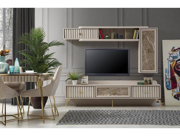 JVmoebel Wohnwand Luxuriöse Wohnwand aus Holz - Designer Möbel für das Wohnzimmer, (1-St., Wohnwand), Made in Europa, beige von OTTO