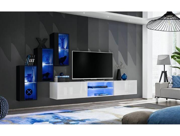 JVmoebel Wohnwand Moderne Wohnwand in Weiß mit 3 Hängevitrinen in Schwarz, (4-St., TV Ständer + 3x Hänge Vitrine), Made in Europa, schwarz weiß von OTTO