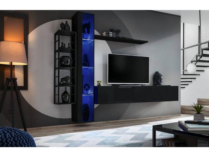 JVmoebel Wohnwand Moderne schwarze Wohnwand mit Designer TV-Ständer und Vitrine, (4-St., TV Ständer + Hänge Vitrine + 2x Wandregal), Made in Europa von OTTO