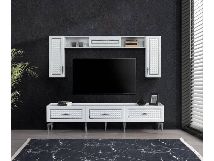 JVmoebel Wohnwand Stilvolle Wohnwand in Hochglanz – 3-teilig für das Wohnzimmer, (3-St., TV-Ständer/Seitenschrank/Wandregal), Made in Europa, weiß von OTTO