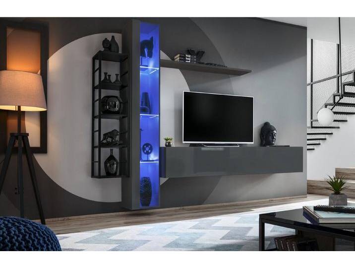 JVmoebel Wohnwand Stylische Wohnwand mit Regal, Hängeschrank und TV-Ständer, (4-St., TV Ständer + Hänge Vitrine + 2x Wandregal), Made in Europa, grau von OTTO