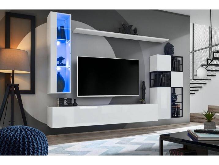 JVmoebel Wohnwand Weißes Wohnwand Set mit Hängevitrine und TV-Ständer aus Holz, (9-St., TV Ständer + Hänge Vitrine + 3x Wandschrank + 4x Wandregal) von OTTO