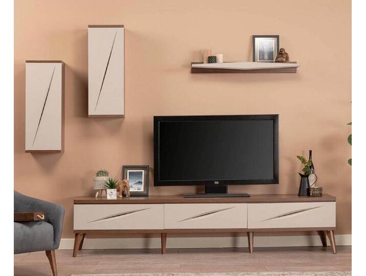 JVmoebel Wohnzimmer-Set TV Ständer Modern 2x Wandschrank Regal Schrank Möbel, (3-St., TV Ständer + 2x Wandschränke+ Wandregal), Made in Europa, braun von OTTO