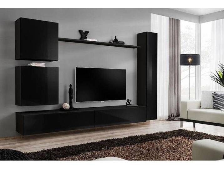 JVmoebel Wohnzimmer-Set Designer Wandschrank Set in Schwarz – 6-teiliges Luxus Möbelset, (7-St., 1x Wohnwand + 2x TV Ständer + 3x Wandschrank + 1x Wandregal) von OTTO