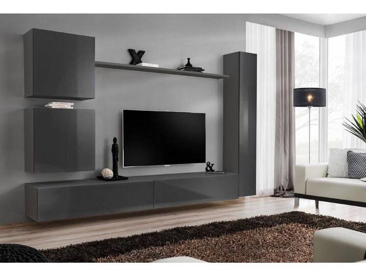 JVmoebel Wohnwand Designer Wohnwand Grau - Luxuriöse Holzmöbel für Ihr Zuhause, (7-St., 1x Wohnwand + 2x TV Ständer + 3x Wandschrank + 1x Wandregal) von OTTO