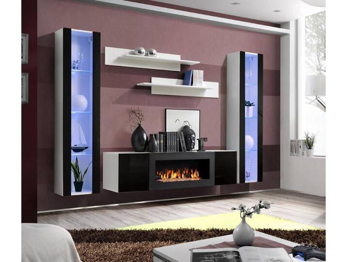 JVmoebel Wohnwand Designer Wohnwand aus Holz für elegantes Wohnzimmer mit TV-Ständer, (6-St., 1x Wohnwand+1x Sideboard: Mit Kamin+2x Hänge Vitrine+2x Wandregal) von OTTO
