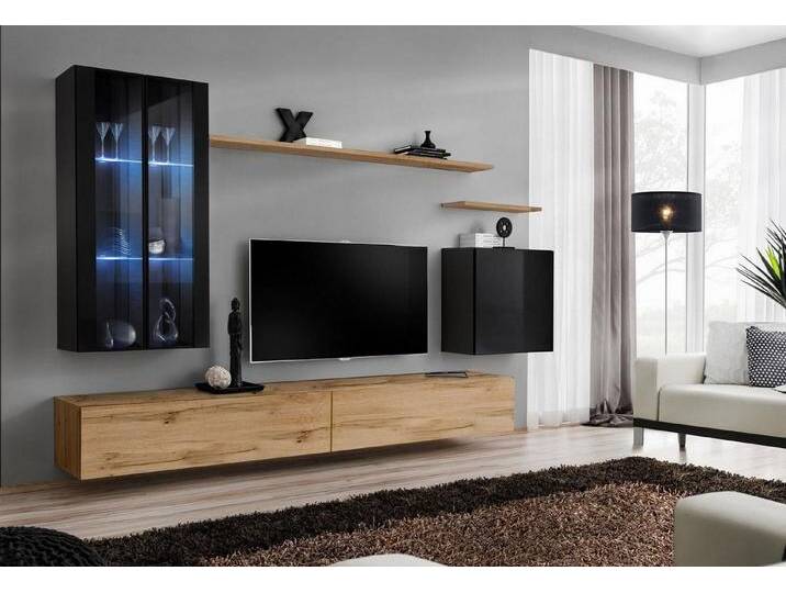 JVmoebel Wohnwand Designer Wohnwand mit Hänge Vitrine und Wandschrank für TV, (8-St., 1x Wohnwand + 2x TV Ständer + 3x Wandschrank + 2x Wandregal) von OTTO
