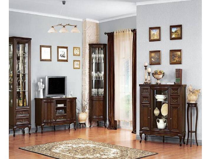 JVmoebel Wohnzimmer-Set Klassisches Wohnzimmer Set Braun Glasvitrine Eckvitrine Stilvoller, (4-St., 4tlg Wohnzimmer Set (Vitrine + TV-Lowboard + Eckvitrine + Kommode) von OTTO
