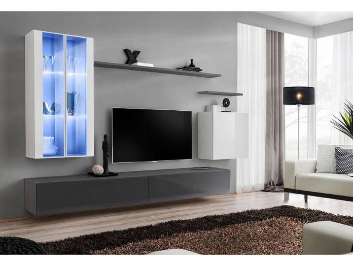 JVmoebel Wohnzimmer-Set Luxuriöse Designer Holzmöbel für das graue Wohnzimmer, (8-St., 1x Wohnwand + 2x TV Ständer + 3x Wandschrank + 2x Wandregal) von OTTO