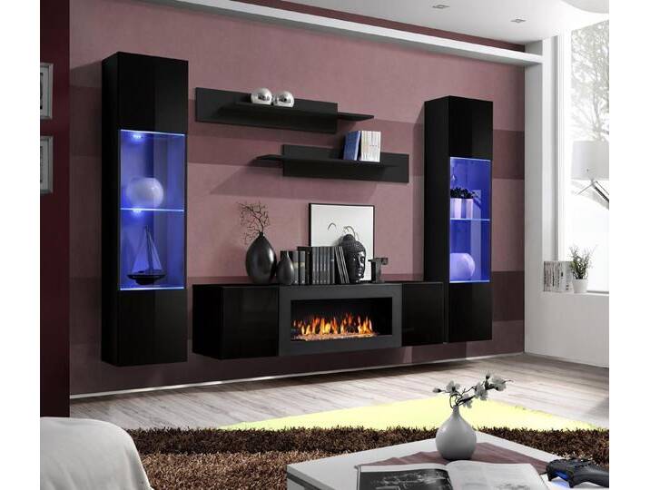 JVmoebel Wohnzimmer-Set Modern Designer Schwarz Wohnwand Holzmöbel Hänge Vitrine Luxus, (6-St., 1x Wohnwand+1x Sideboard Mit Kamin+2x Hänge Vitrine+2x Wandregal) von OTTO