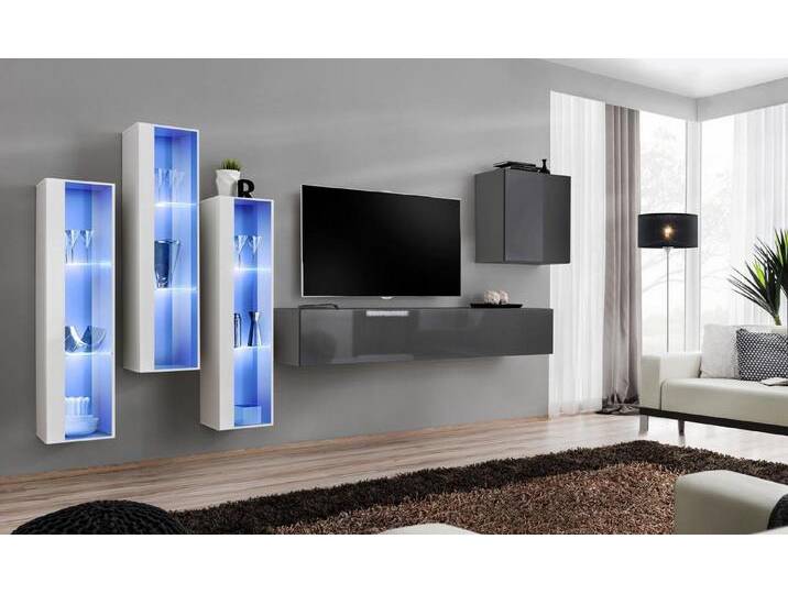 JVmoebel Wohnwand Moderne Hochglanz Wohnwand in Grau für TV und Wohnzimmer, (6-St., 1x Wohnwand + 1x TV Ständer + 4x Wandschrank), Made in Europa von OTTO