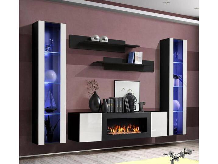 JVmoebel Wohnwand Moderne Luxus-Wohnwand mit Regalen im Set für das Wohnzimmer, (6-St., 1x Wohnwand+1x Sideboard Mit Kamin+2x Hänge Vitrine+2x Wandregal) von OTTO