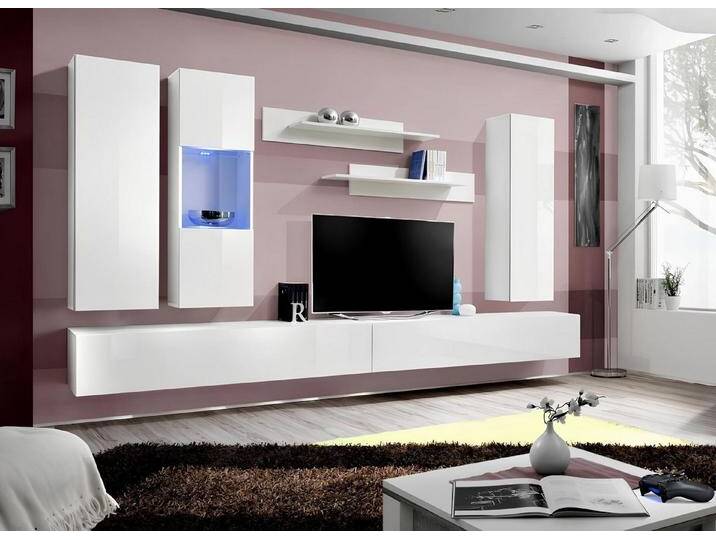 JVmoebel Wohnwand Moderne Wohnwand aus Holz in Weiß für Ihr Wohnzimmer mit TV-Ständer, (8-St., 1x Wohnwand+2x TV Ständer+1x Hänge Vitrine+2x Wandschrank+2x Wandregal) von OTTO