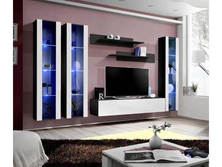 JVmoebel Wohnzimmer-Set Moderner Luxus Wohnzimmerschrank mit Hängevitrine Designer Stil, (7-St), Made in Europa, schwarz weiß von OTTO