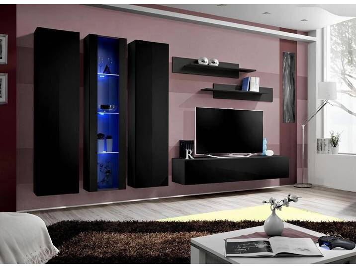 JVmoebel Wohnwand Schwarze Wohnwand aus Holz mit Wandschrank und TV-Ständer, (7-St., 1x Wohnwand+1x TV Ständer+1x Hänge Vitrine+2x Wandschrank+2x Wandregal) von OTTO