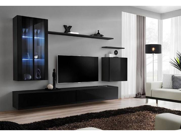 JVmoebel Wohnwand Schwarze Wohnwand mit Sideboard und Wandschrank fürs Wohnzimmer, (8-St., 1x Wohnwand + 2x TV Ständer + 3x Wandschrank + 2x Wandregal) von OTTO