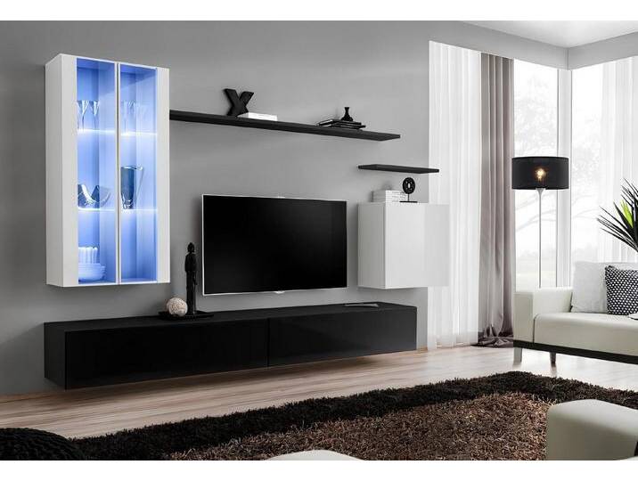 JVmoebel Wohnzimmer-Set Schwarzer TV-Ständer im modernen Designer-Stil mit Wandregal, (8-St., 1x Wohnwand + 2x TV Ständer + 3x Wandschrank + 2x Wandregal) von OTTO
