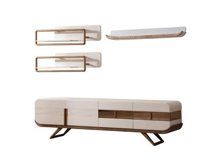 JVmoebel Wohnwand Weiße Designer Wohnwand mit Lowboard und 2 Regalen aus Holz, (4-St., 1x RTV Lowboard + 3x Regale), Made in Europa, beige von OTTO