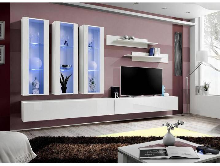 JVmoebel Wohnwand Weißer Designer-Hänge-TV-Ständer aus Holz mit Vitrine und Sideboard, (8-St., 1x Wohnwand + 2x TV Ständer + 3x Hänge Vitrine + 2x Wandregale) von OTTO