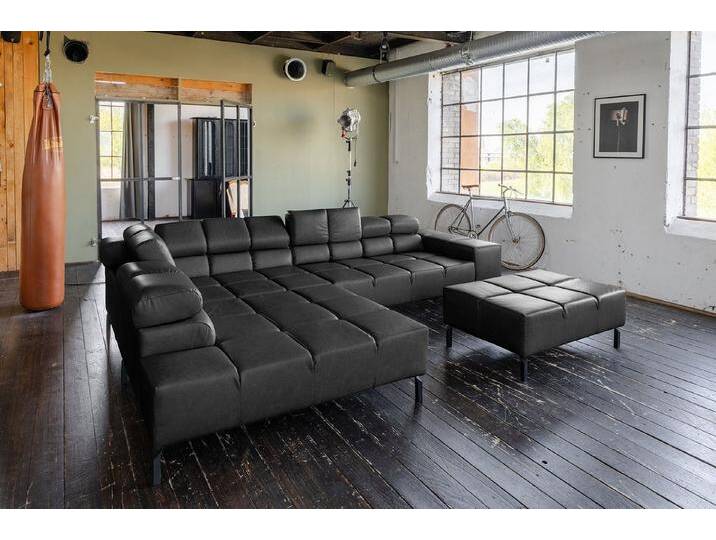 KAWOLA Ecksofa NELSON, L-Form rechts oder links Leder mit Hocker verschiedene Farben, schwarz, schwarz von OTTO