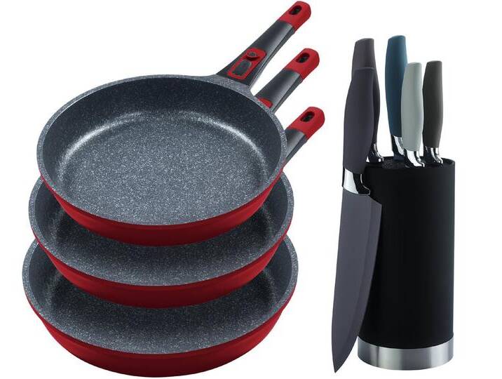 KING Pfannen-Set »Moonscape 3er«, inkl. Messer-Set, Aluminiumguss (Set, 9-tlg., 3 Pfannen, 5 Küchenmesser, 1 Messerblock), Induktion, abnehmbarer Griff, MOONSCAPE-Beschichtung von OTTO