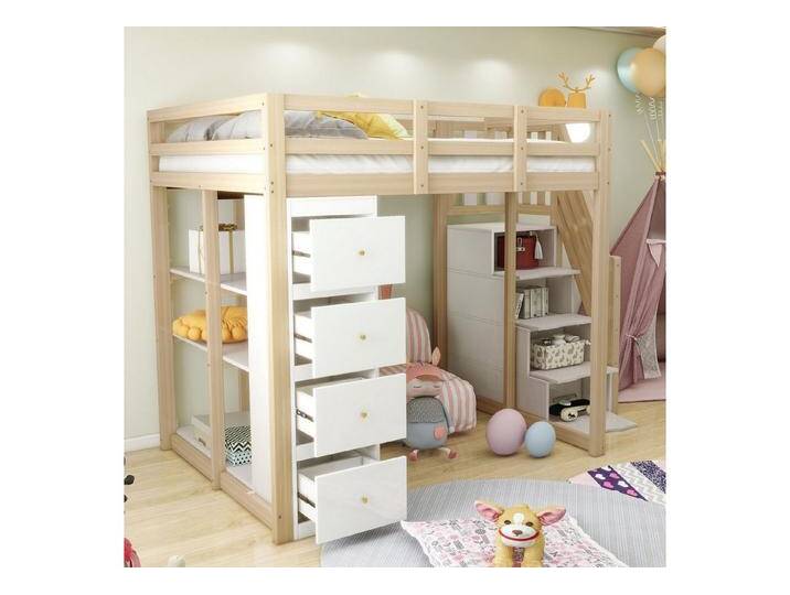 KLAM HOME Hochbett Hochbett 140*200cm mit Aufbewahrungsschublade Kommode mit Regalen (Sicherheits-Kletterleiter mit Aufbewahrungsschubladen) Multifunktionales Massivholzbett, ohne Matratze von OTTO