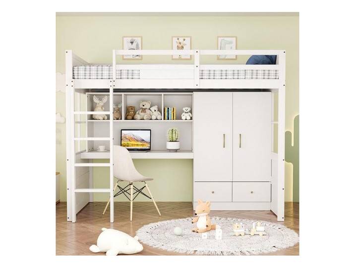 KLAM HOME Kinderbett Hochbett 90 x 200 cm, Mit Leiter, Mit Schreibtisch mit Stauraum, Mit Kleiderschrank und Schubladen, Kinderbett, Jugendbett, Einzelbett von OTTO
