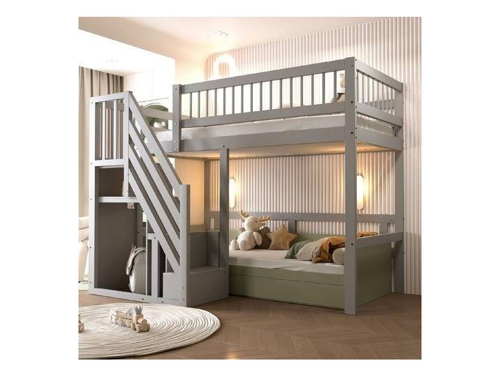 KLAM HOME Kinderbett Massivholzbett 90/140*200 cm, Treppe mit Aufbewahrungsschrank, Jugendbett, Einzelbett, Massivholzrahmen, hohe Ausführung, grau von OTTO