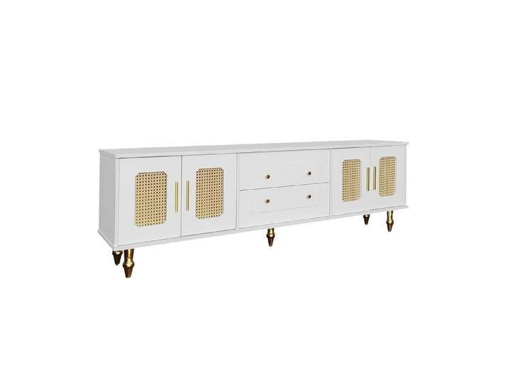 KLAM HOME Lowboard TV-Schrank, TV-Möbel im Retro-Stil: goldene Griffe, viel Stauraum (Fernsehtisch mit 4 PVC-Rattantüren,2 Schubladen, 175*38*55,5cm), TV- Lowboard mit Glastür und Beinen aus Massivholz von OTTO